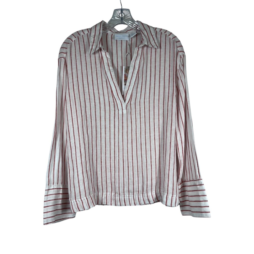 NWT Martha Stewart Shirt Sz S Top 100% Linen White Red Stripe Popover Beach